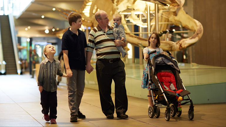 A family walking hand in hand through an exhibition at Melbourne Museum