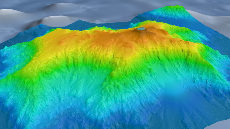 A computer generated, multi-coloured image of an underwater mountain