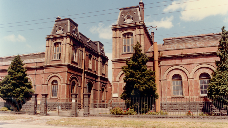 Mansard towers from Douglas Parade, Spotswood Pumping Station, circa 1982.