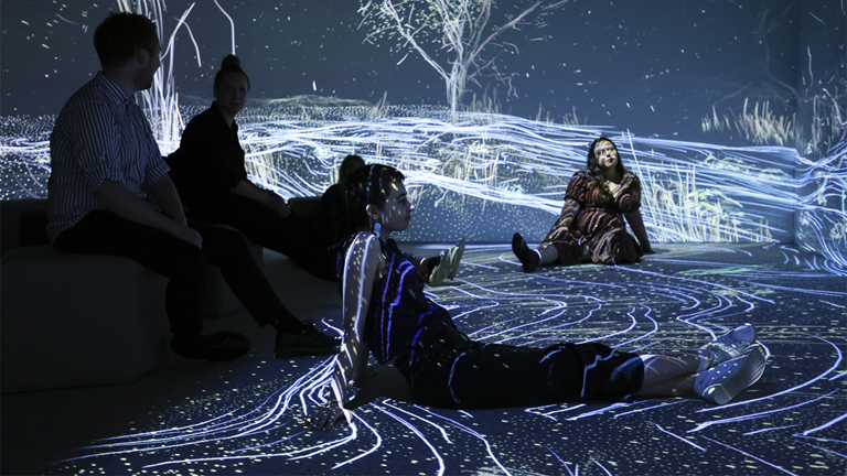 Five adults sitting on the floor watching an immersive projection. 